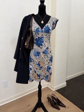 Vintage 90s Blue Floral Paisley Mini Dress Small